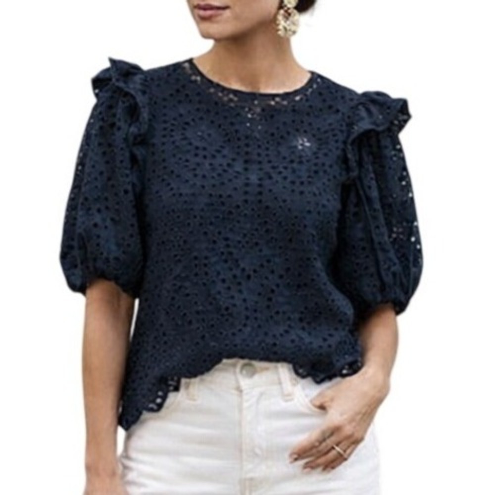 English Factory Romantic Whimsigoth Black Eyelet Ruffle Sleeve Top Blouse XS